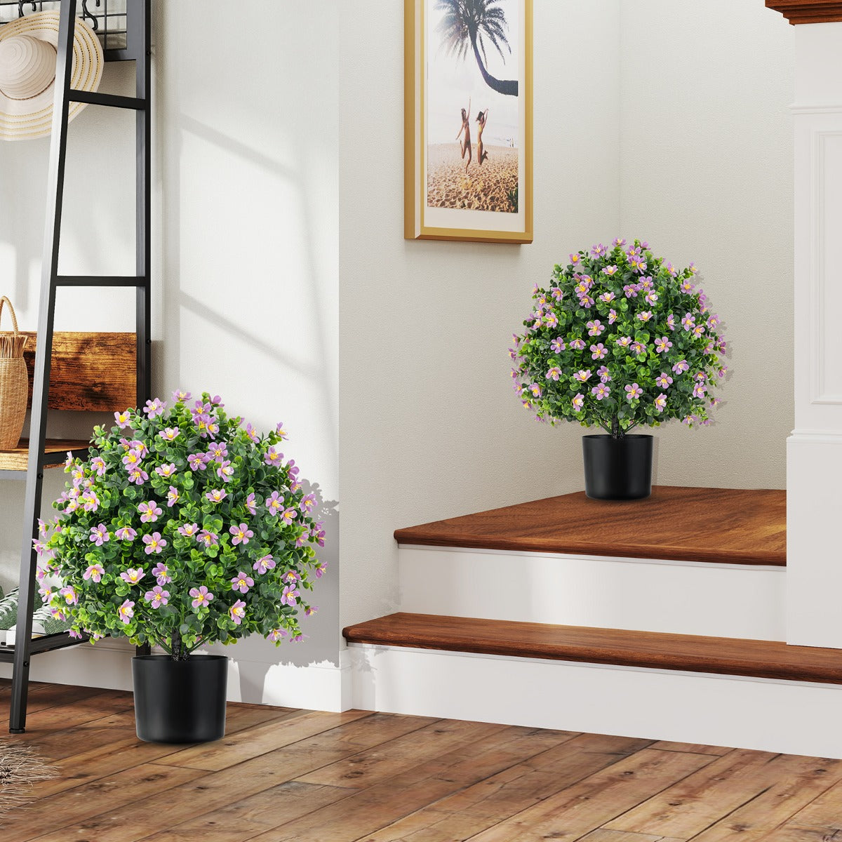 2 Pack Artificial Boxwood Topiary Ball Tree with Flowers and Plastic Nursery Pot-Purple