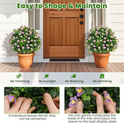 2 Pack Artificial Boxwood Topiary Ball Tree with Flowers and Plastic Nursery Pot-Purple