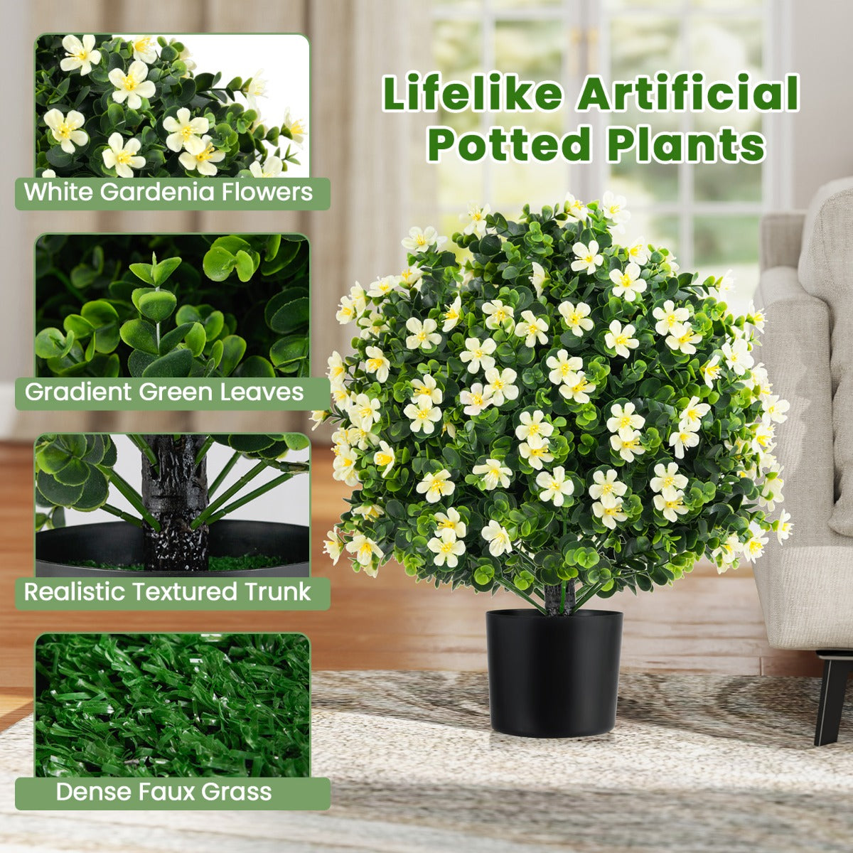 2 Pack Artificial Boxwood Topiary Ball Tree with Flowers and Plastic Nursery Pot-White