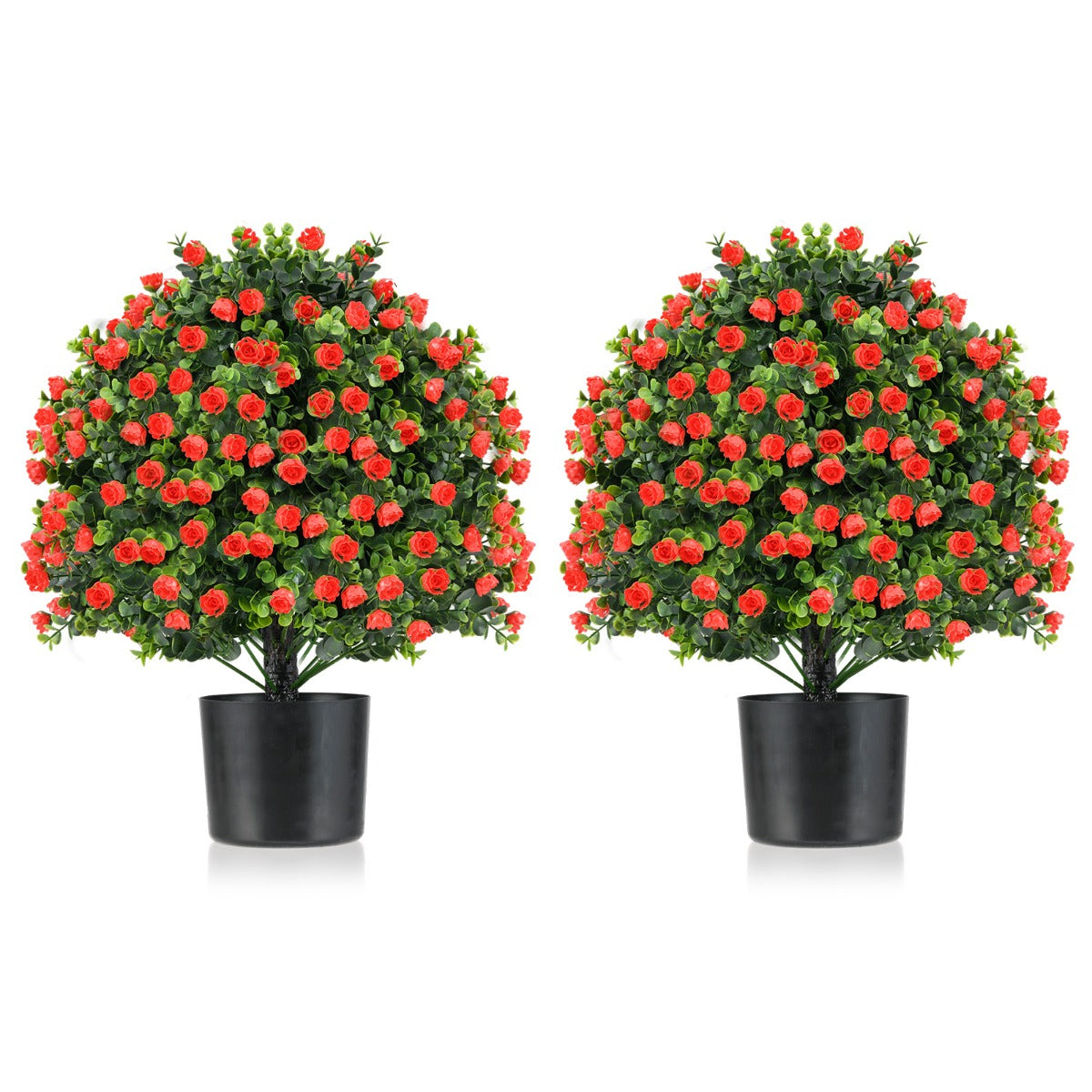2 Pack Artificial Rose Topiary Ball Tree with Flowers and Plastic Nursery Pot-Rose