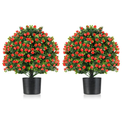 2 Pack Artificial Rose Topiary Ball Tree with Flowers and Plastic Nursery Pot-Rose