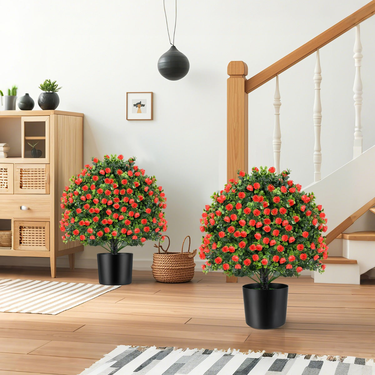 2 Pack Artificial Rose Topiary Ball Tree with Flowers and Plastic Nursery Pot-Rose