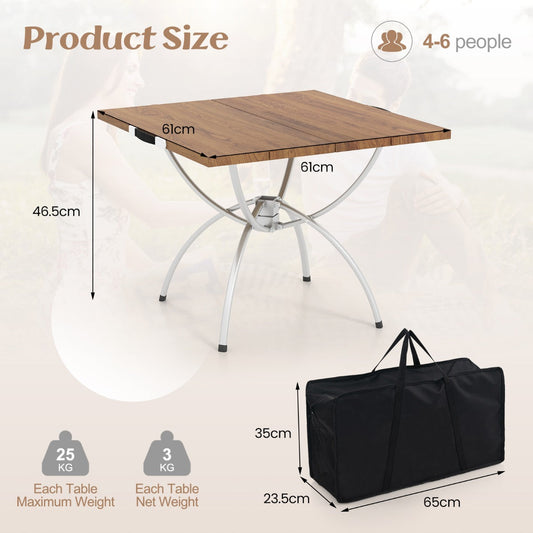 Two piece folding camping table set with wood grain aluminum tops, carrying bag and non slip foot pads