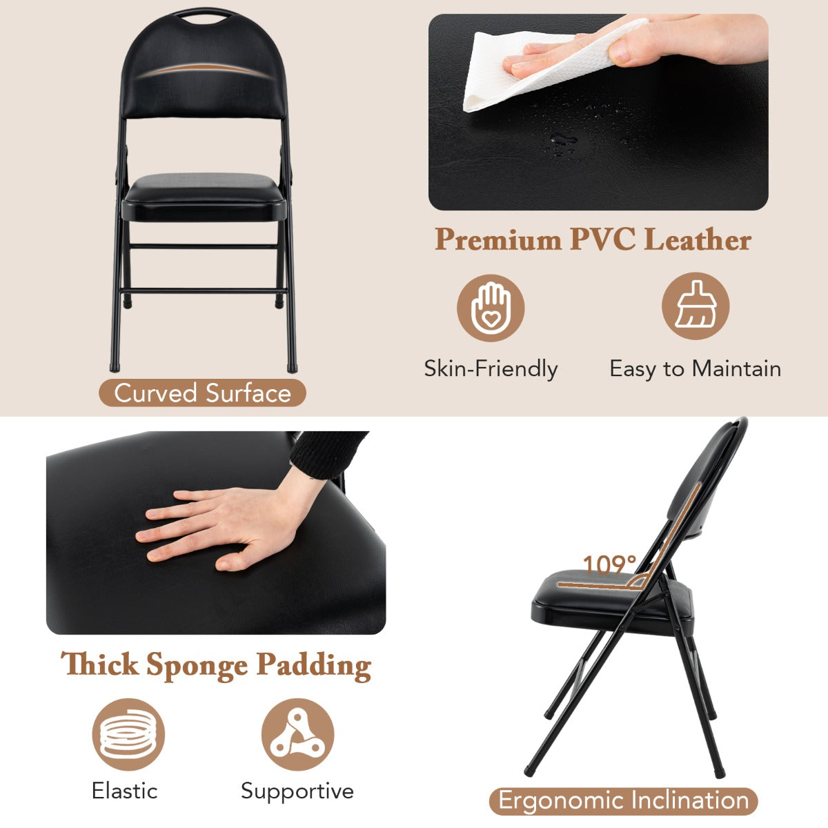 2/4 Pack Folding Chairs Padded Party Chairs with Metal Frame-Black-2 pieces