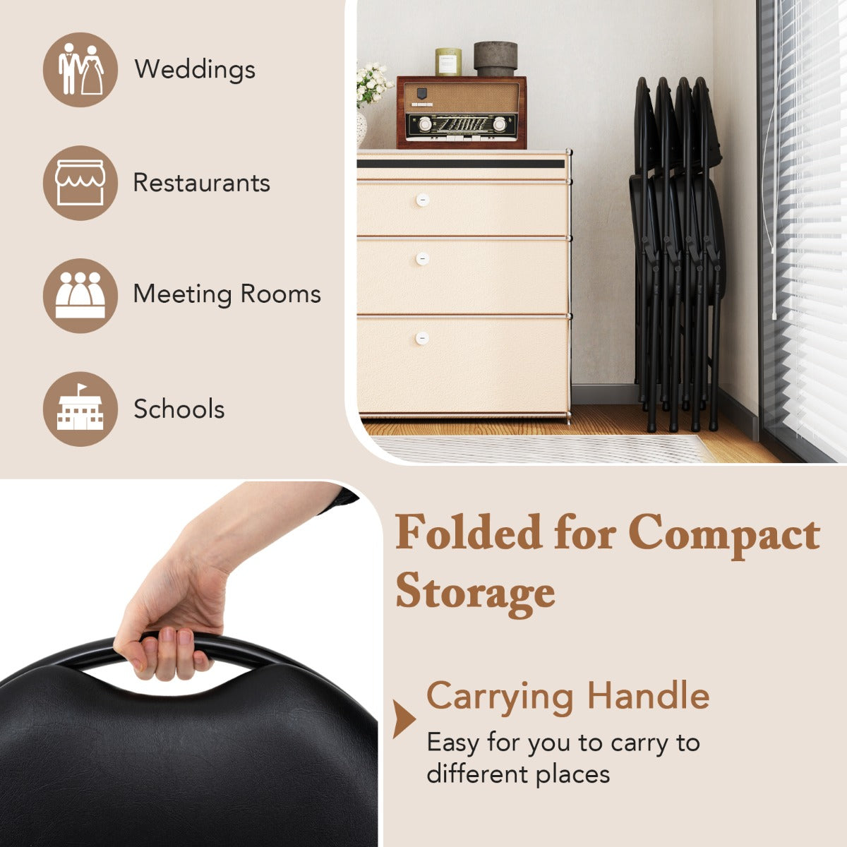 2/4 Pack Folding Chairs Padded Party Chairs with Metal Frame-Black-2 pieces