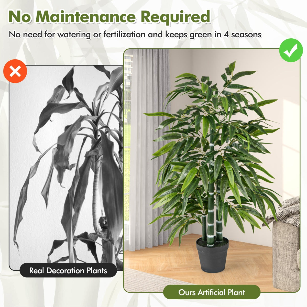 2 Pack Tall Fake Bamboo Artificial Potted Tree with 3 PE Trunk-Green-Green-2 Pieces
