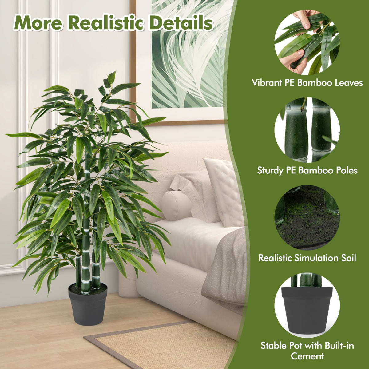 2 Pack Tall Fake Bamboo Artificial Potted Tree with 3 PE Trunk-Green-Green-2 Pieces