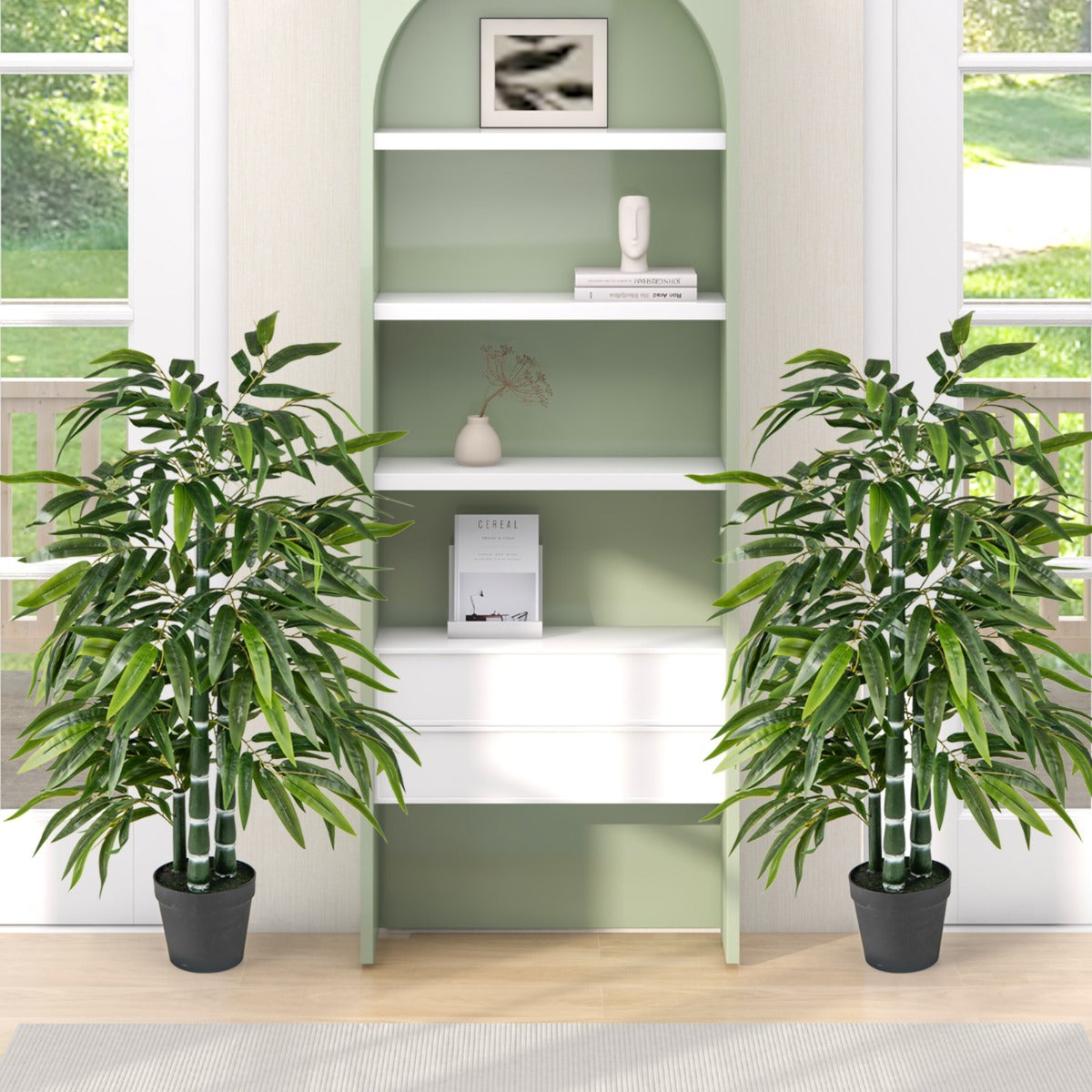 2 Pack Tall Fake Bamboo Artificial Potted Tree with 3 PE Trunk-Green-Green-2 Pieces