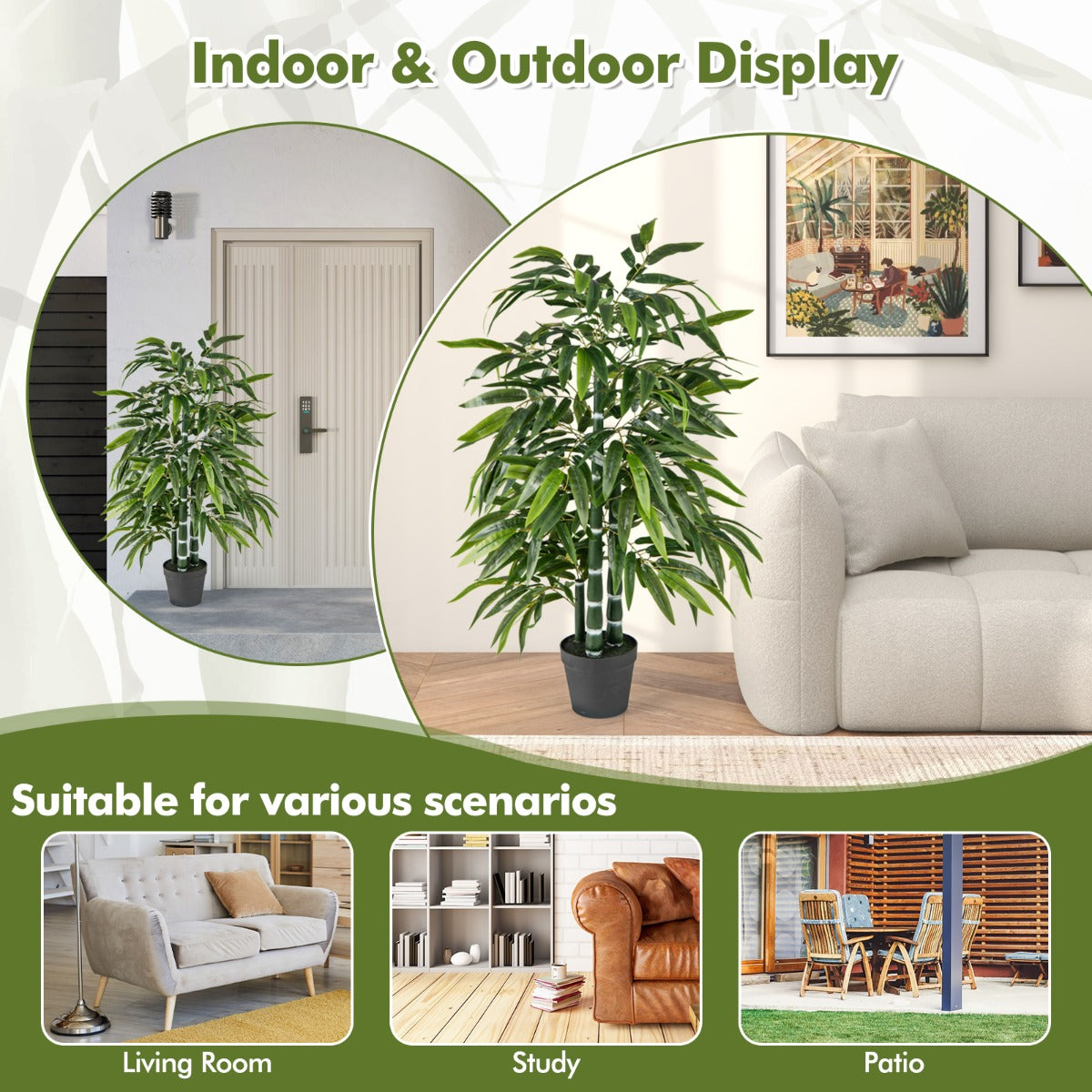 2 Pack Tall Fake Bamboo Artificial Potted Tree with 3 PE Trunk-Green-Green-2 Pieces