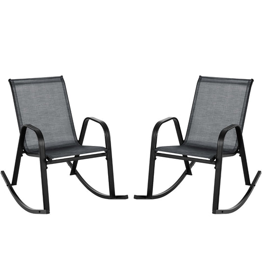 Two-piece outdoor rocking chair set with ergonomic seating, breathable fabric, and stable metal frames