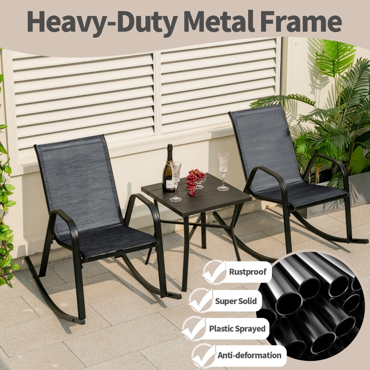 Costway Set of 2 Patio Rocking Chair with Breathable Fabric Seat-Black