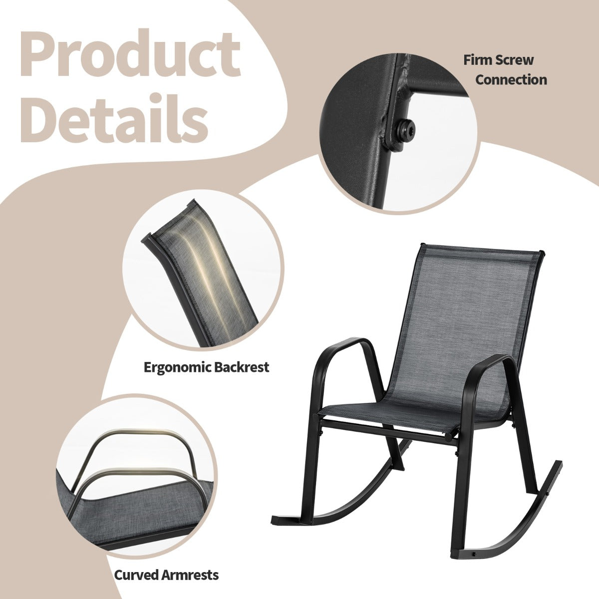 Costway Set of 2 Patio Rocking Chair with Breathable Fabric Seat-Black