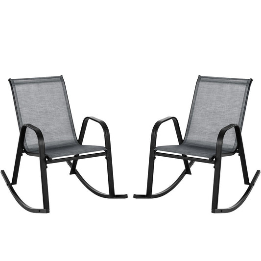 Set of two brown, black, and gray rocking chairs with curved armrests for outdoor relaxation