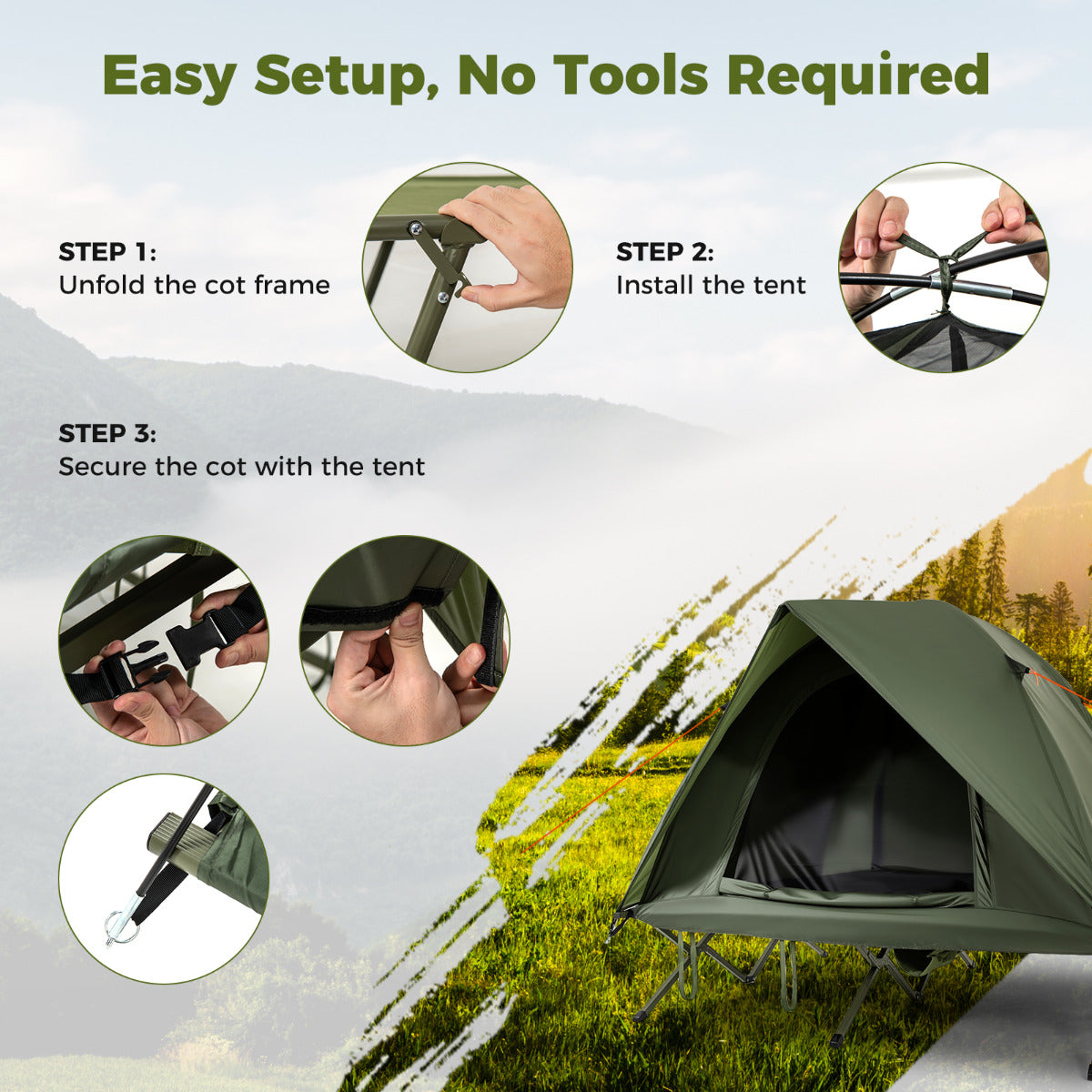 2-Person Camping Cot Tent with Mesh Doors and Skylight Roof-Green
