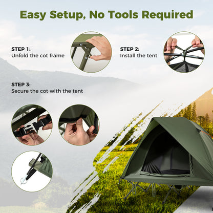 2-Person Camping Cot Tent with Mesh Doors and Skylight Roof-Green