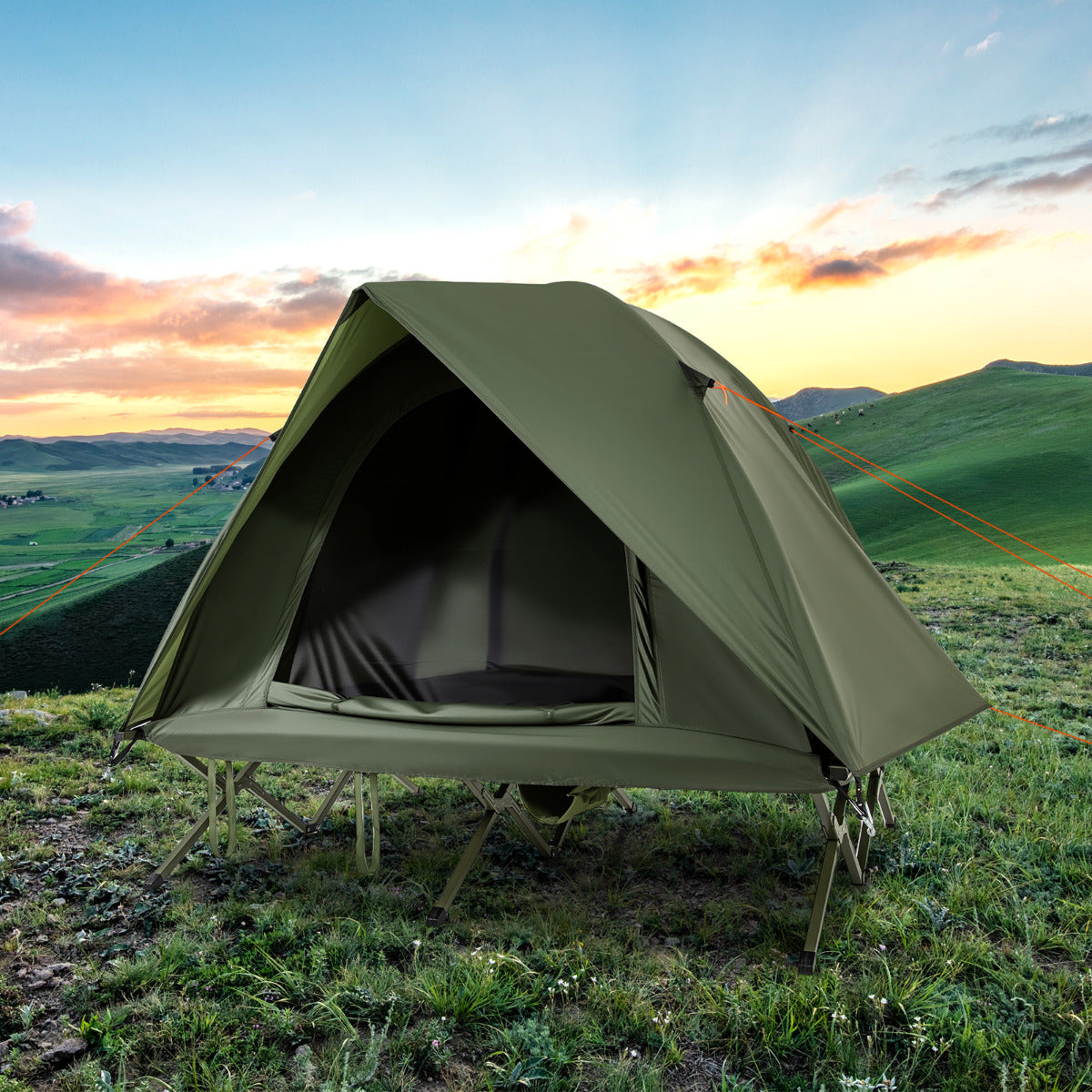 2-Person Camping Cot Tent with Mesh Doors and Skylight Roof-Green
