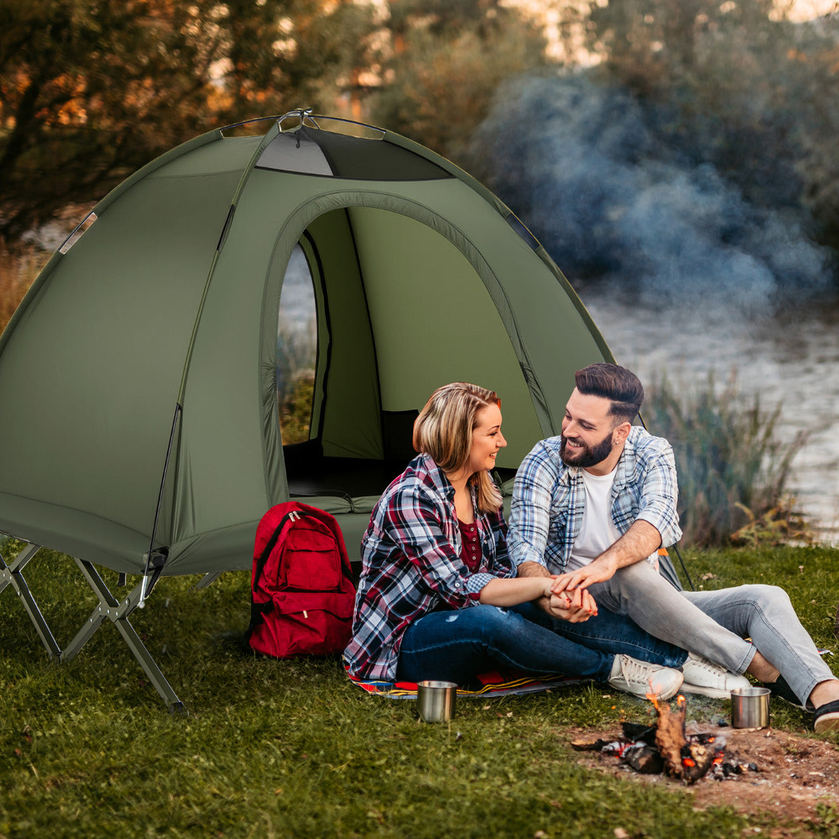 2-Person Camping Cot Tent with Mesh Doors and Skylight Roof-Green