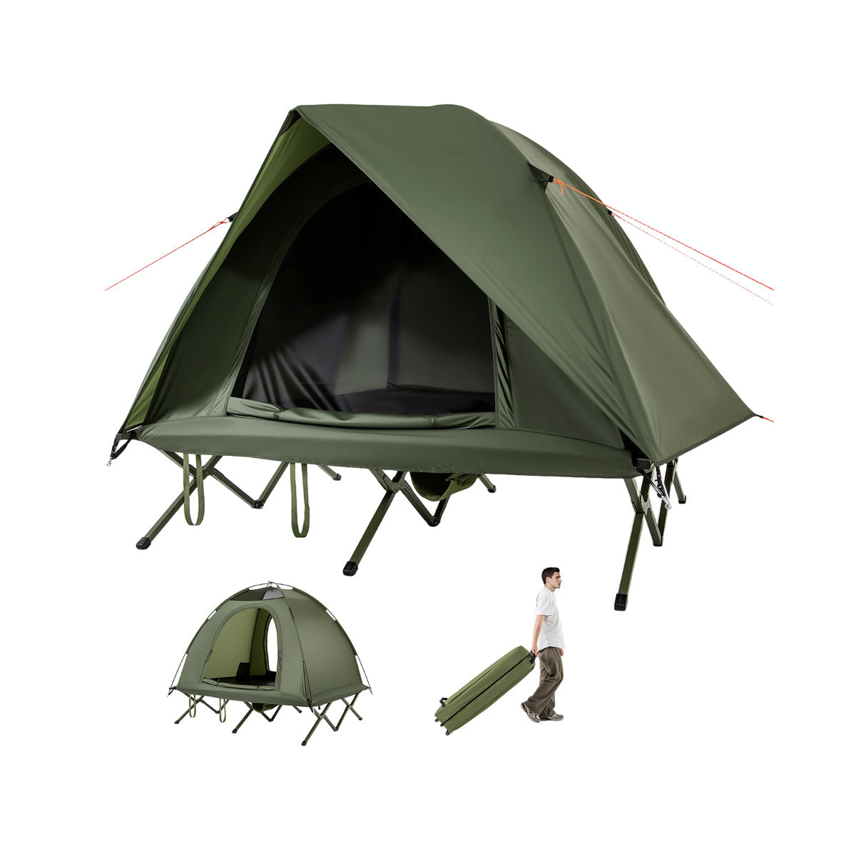 2-Person Camping Cot Tent with Mesh Doors and Skylight Roof-Green