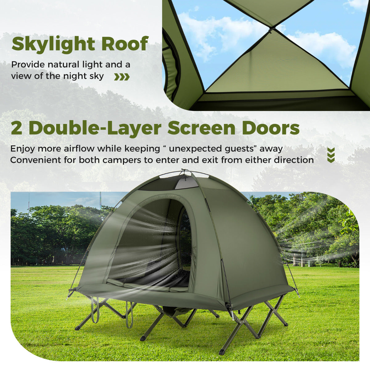 2-Person Camping Cot Tent with Mesh Doors and Skylight Roof-Green