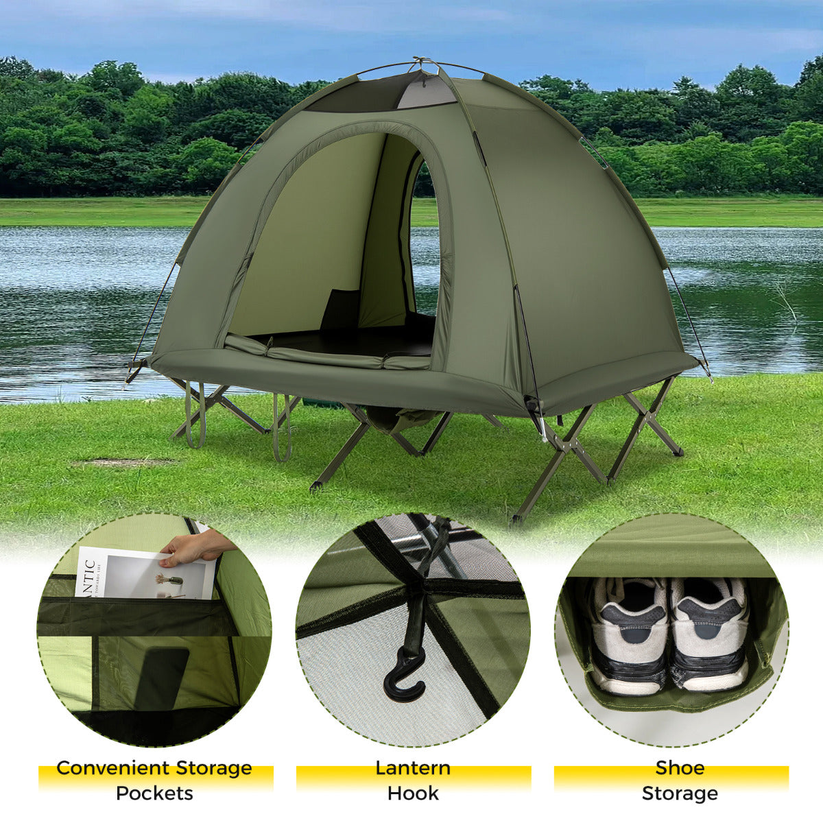 2-Person Camping Cot Tent with Mesh Doors and Skylight Roof-Green