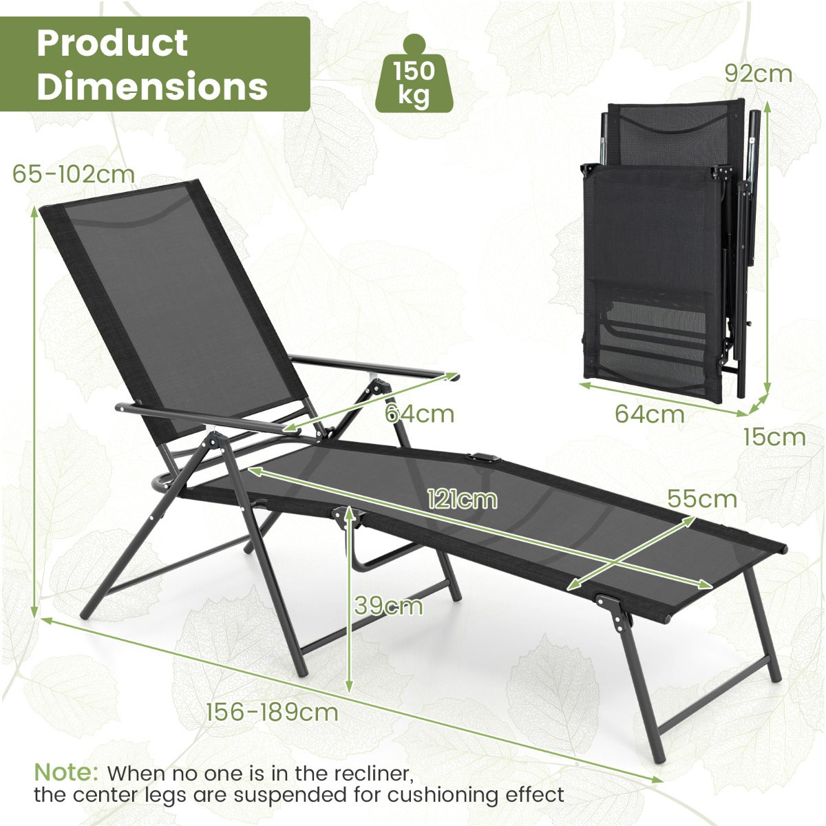 Set of two patio recliners offers six backrest levels and two footrest positions for relaxation