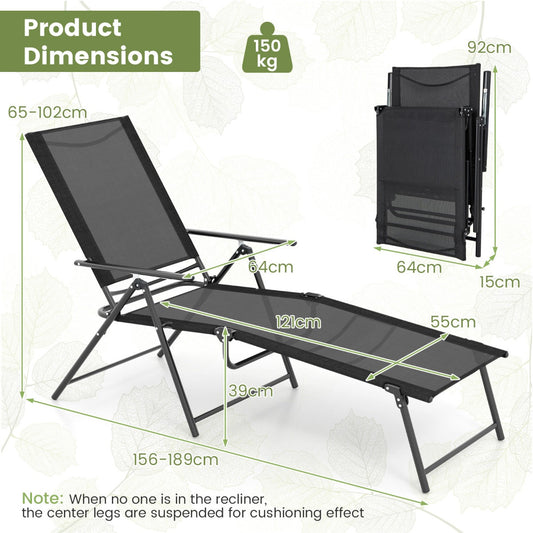 Set of two patio recliners offers six backrest levels and two footrest positions for relaxation