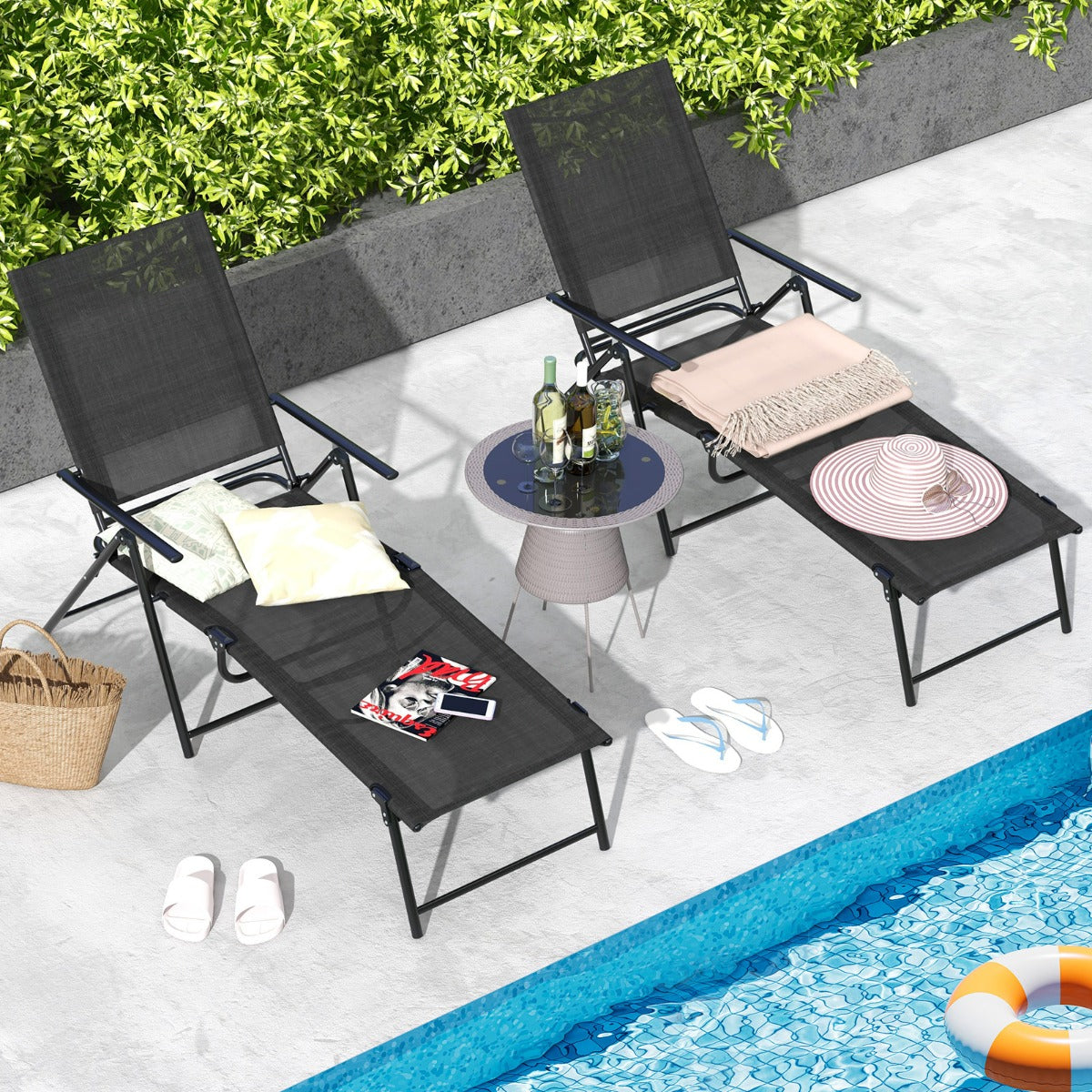 Heavy-duty rustproof metal frame supports up to 150 kg per patio recliner with excellent stability