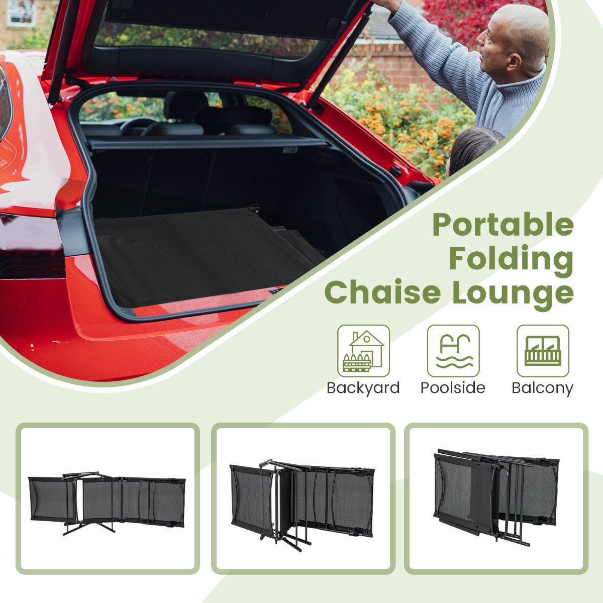 Portable folding recliners are suitable for backyards, poolside areas, balconies, and travel