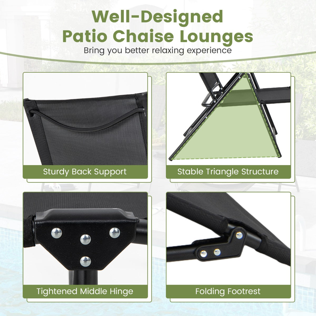 Adjustable footrests and supportive backrests create a personalized outdoor lounging experience
