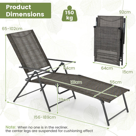 Set of two patio recliners offers six backrest levels and two footrest positions for relaxation