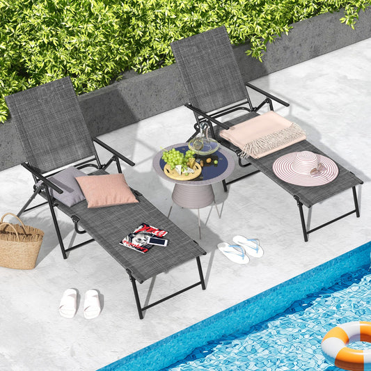 Costway 2 Piece Patio Folding Chaise Lounge Chairs with 6-Level Backrest-Grey