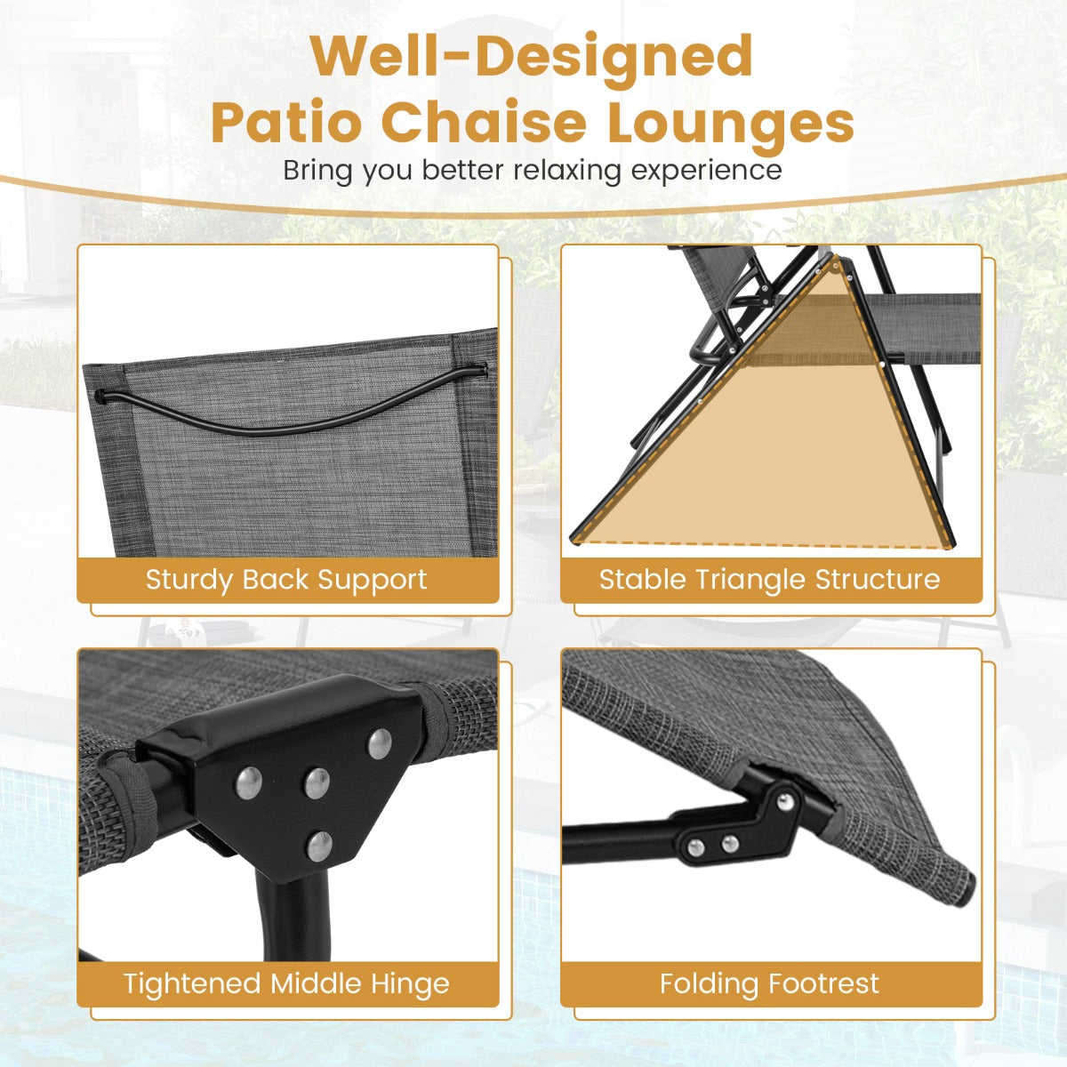 Adjustable footrests and supportive backrests create a personalized outdoor lounging experience
