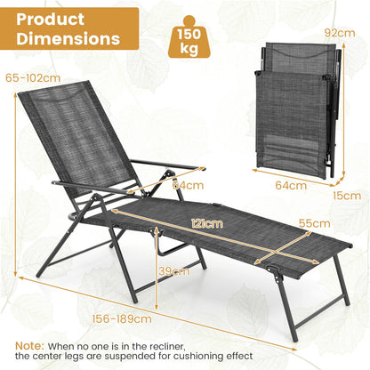 Set of two patio recliners offers six backrest levels and two footrest positions for relaxation
