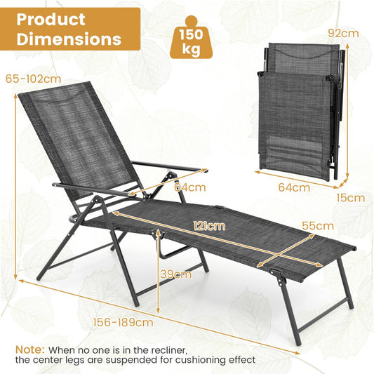 Set of two patio recliners offers six backrest levels and two footrest positions for relaxation