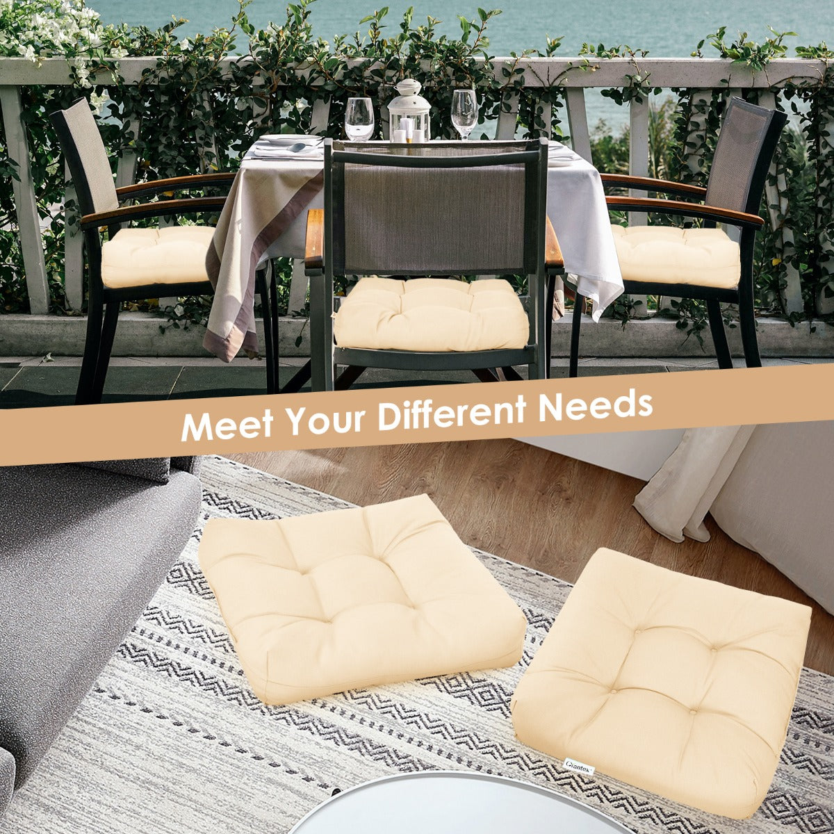 Compact outdoor cushion set stores easily in narrow corners when not in use