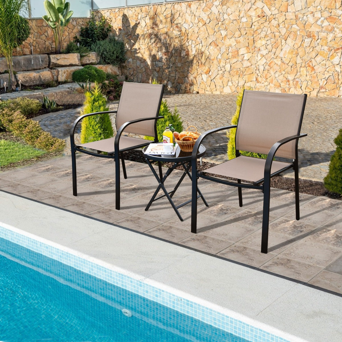 Costway 2 Pieces Outdoor Stackable Dining Chairs with Armrests & Fabric