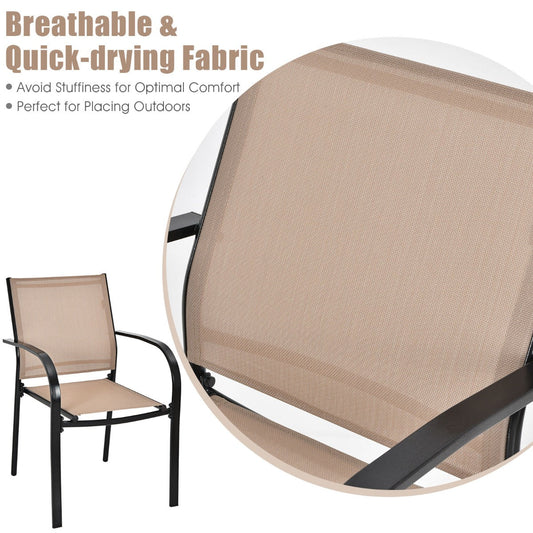 Set of two brown and black stackable patio dining chairs with breathable outdoor fabric