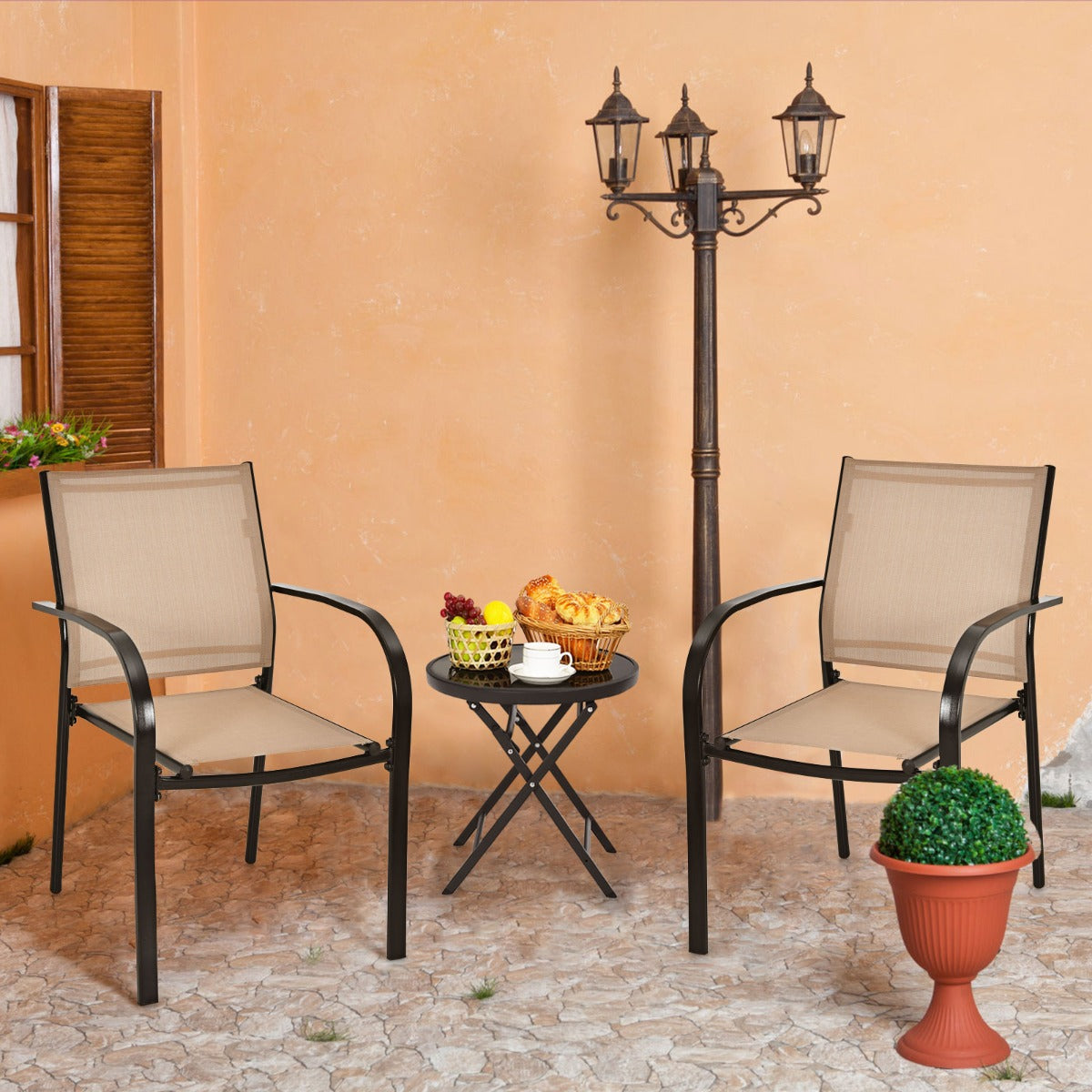 Costway 2 Pieces Outdoor Stackable Dining Chairs with Armrests & Fabric
