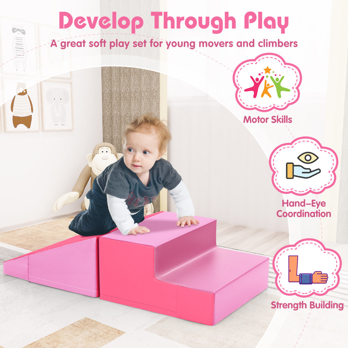 2 Pieces Soft Block Play Set with hook and loop fasteners for Crawling and Climbing-Pink