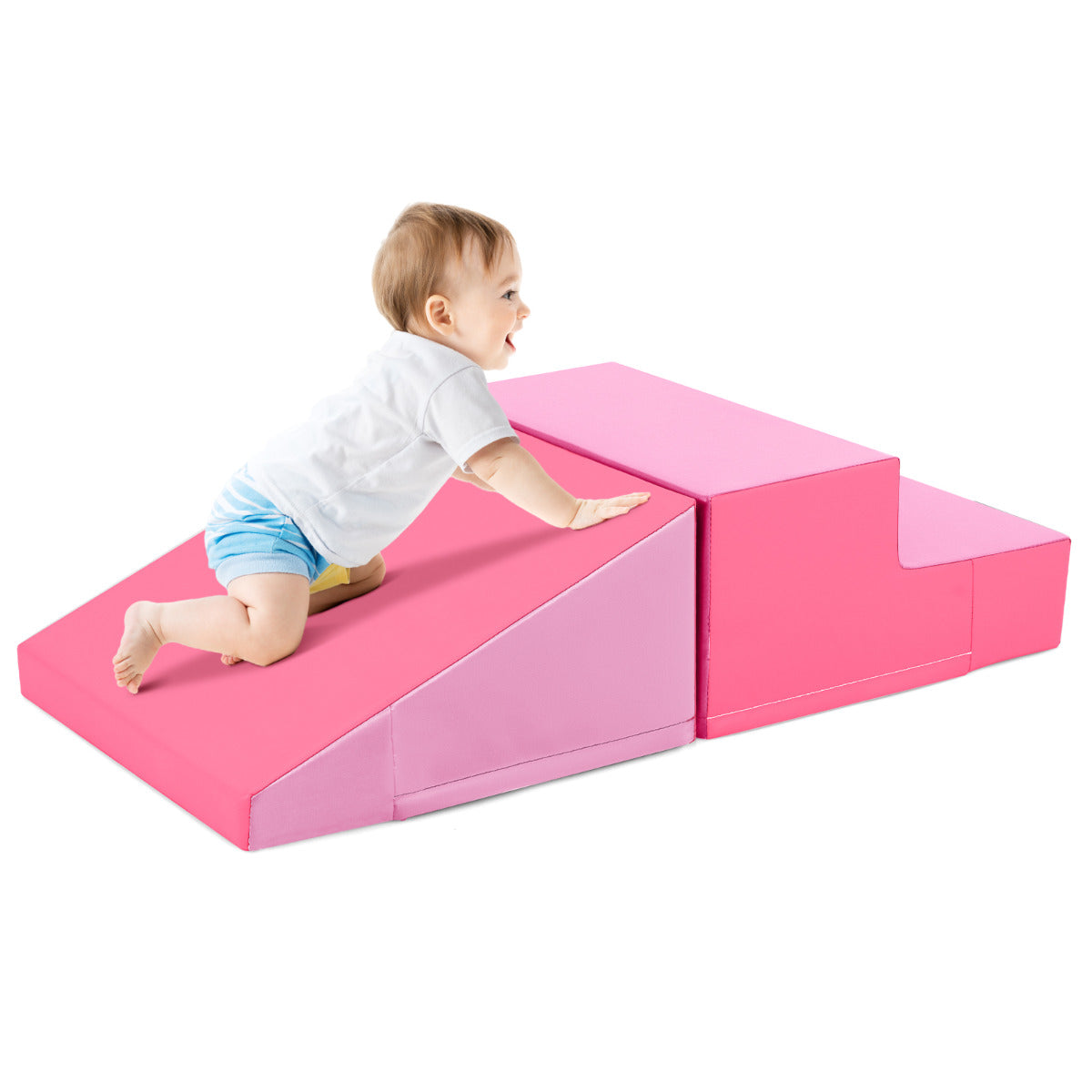 2 Pieces Soft Block Play Set with hook and loop fasteners for Crawling and Climbing-Pink