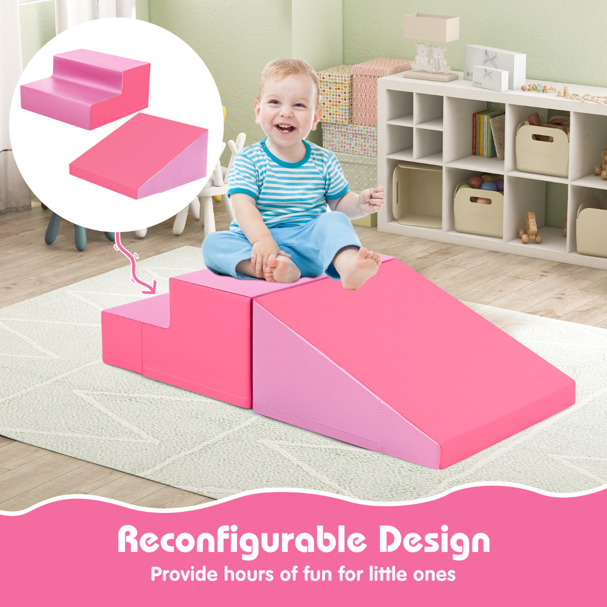 2 Pieces Soft Block Play Set with hook and loop fasteners for Crawling and Climbing-Pink