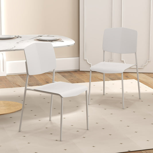 Costway Set of 2 Plastic Dining Chair Stackable Armless Chairs with Metal Legs and Back-White-2 pieces
