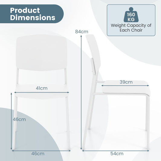Stackable modern dining chairs with waterproof PP seats, curved backs, and sturdy metal legs