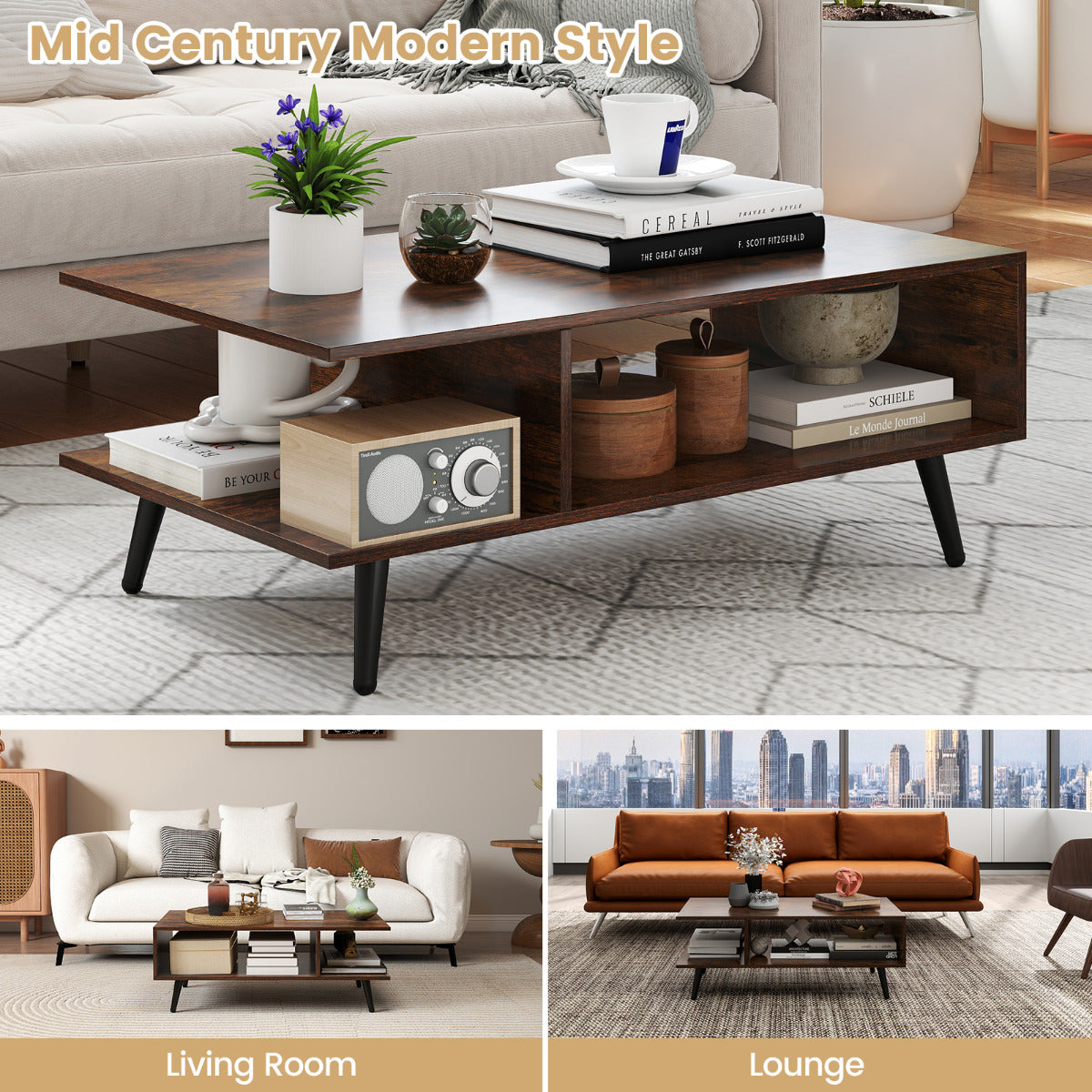 2-tier Coffee Table with 2 Open Shelves and Heavy-duty Metal Frame-Rustic Brown