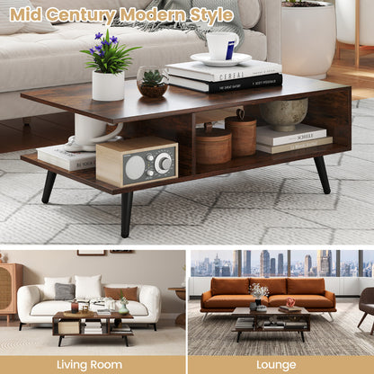 2-tier Coffee Table with 2 Open Shelves and Heavy-duty Metal Frame-Rustic Brown
