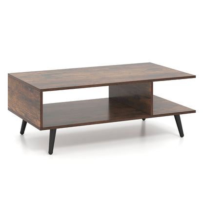 2-tier Coffee Table with 2 Open Shelves and Heavy-duty Metal Frame-Rustic Brown