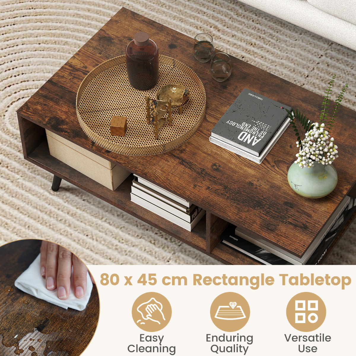 2-tier Coffee Table with 2 Open Shelves and Heavy-duty Metal Frame-Rustic Brown