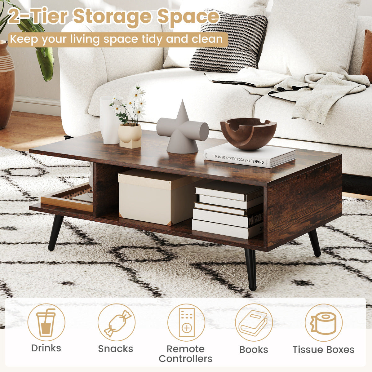 2-tier Coffee Table with 2 Open Shelves and Heavy-duty Metal Frame-Rustic Brown