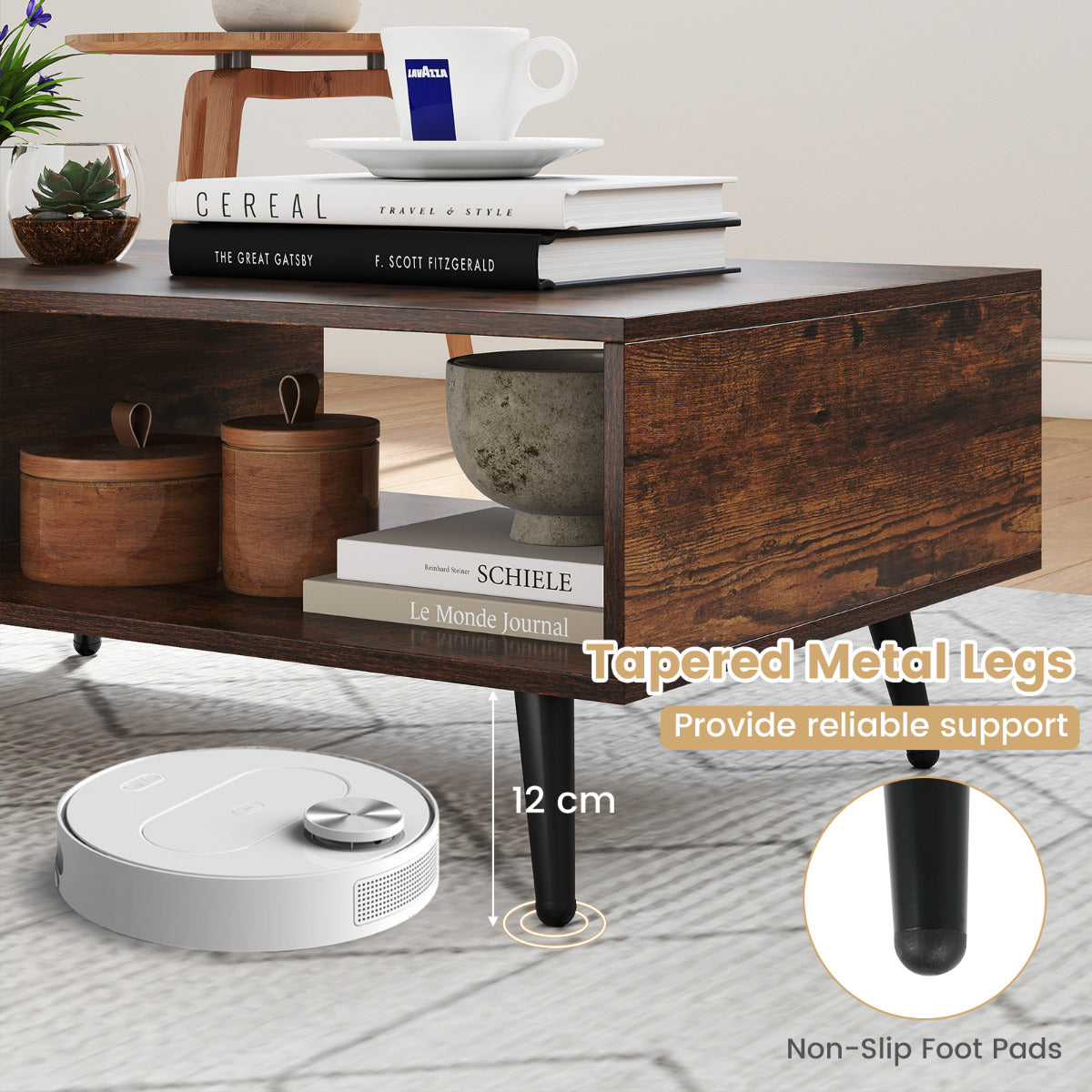 2-tier Coffee Table with 2 Open Shelves and Heavy-duty Metal Frame-Rustic Brown