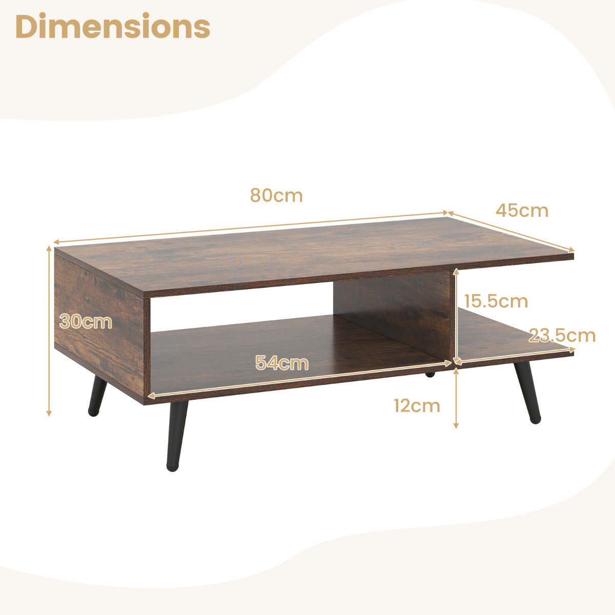 2-tier Coffee Table with 2 Open Shelves and Heavy-duty Metal Frame-Rustic Brown